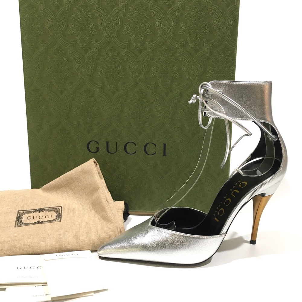 GUCCI ANKLE CUFF PUMPS -SILVER LEATHER / GOLD HEELS -US 7 -NEW